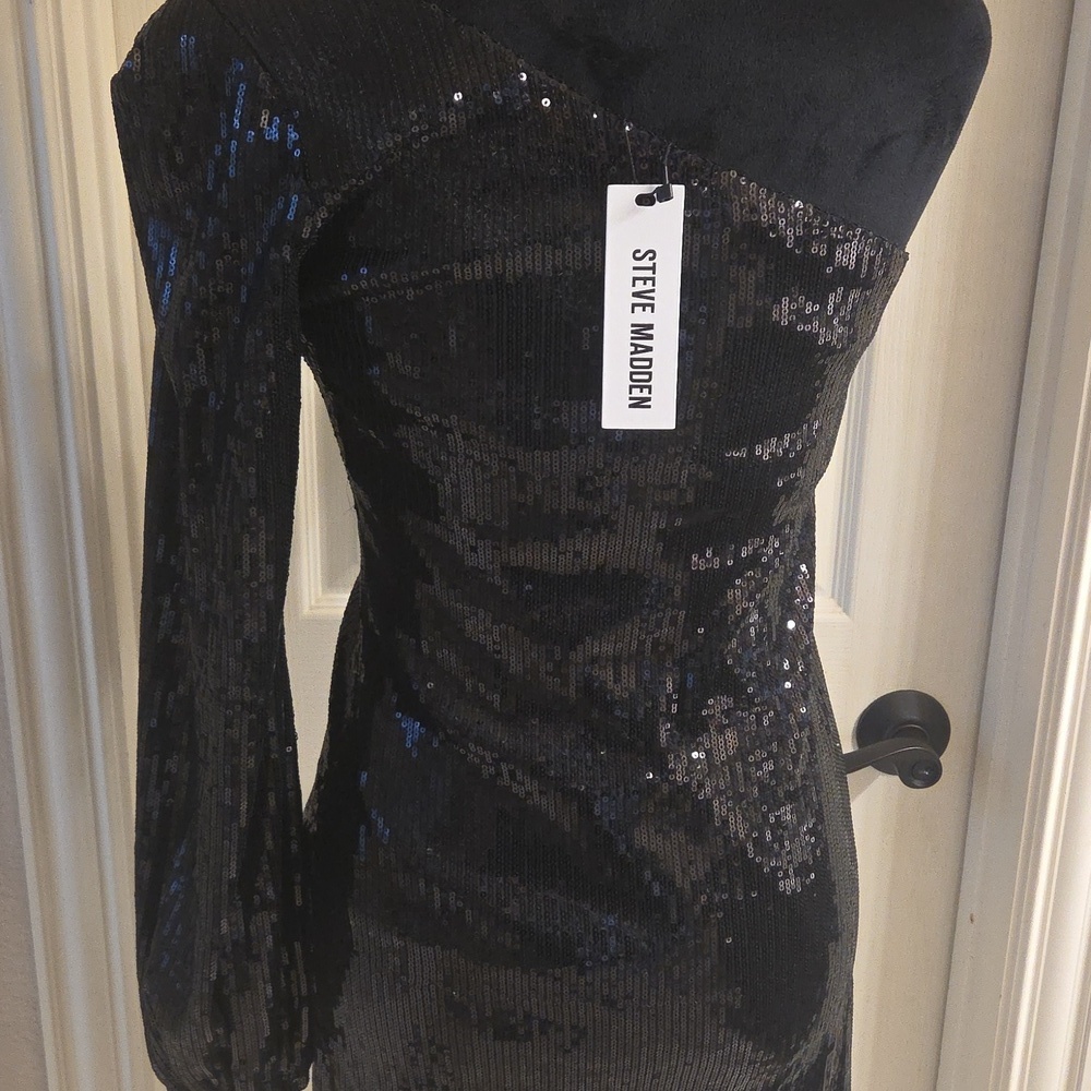 One-Shoulder Black Sequin Dress NWT - Picture 11 of 16